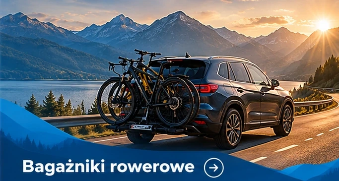 Bagażniki rowerowe — widok samochodu i wyposażenia na drodze w górach