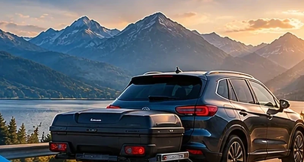 Granatowy SUV ze skrzynią bagażową na hak na górskiej trasie – zdjęcie ilustracyjne