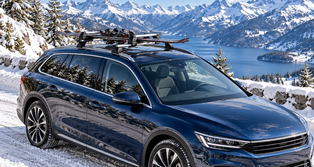 Granatowy SUV z uchwytem narciarskim w zimowej scenerii – zdjęcie ilustracyjne